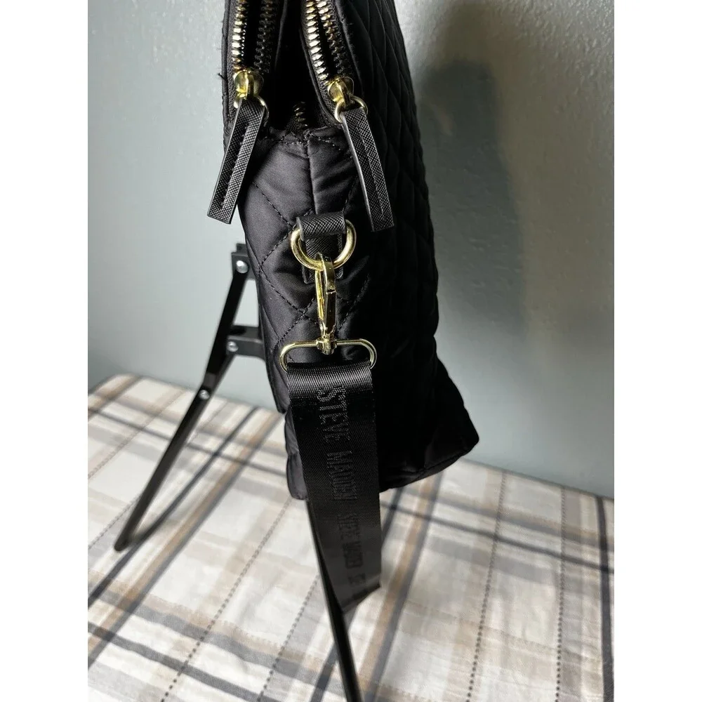 Steve Madden Laptop Book Bag Messenger Black Quilted Padded Logo Strap